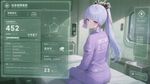 kamisato ayaka in a pastel purple prisoner's uniform, sci-fi, interior is in soft green tones, modern HUD interface in the style of the сhinese social credit