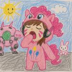 The Overwatch diva in a Pinky Pie costume is yawning, and the painting looks like it was drawn by a 5-year-old child.