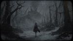 A solitary dark silhouette of anime girl Kamisato Ayaka walking through a frozen terrifying forest, heavy snow blizzard, desolate landscape. Rough digital painting, expressive brushstrokes, grimdark dystopian concept art, extremely bleak, cold grey and brown tones. Retro CRT TV filter, scanlines, VHS distortion, vignette