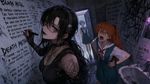 a vibrant lively artwork in style of Cytus by Rayark. close-up view, dutch angle, perspective foreshortening, it features Makinami Mari Illustrous who is a goth with black hair and black lipstick, she has amused look, standing in an empty bathroom, and writing a lot of lyrics from 'Black Metal' and 'Death Metal' genre songs in Russian language on the walls around, while Asuka Langley Souryuu (who isn't a goth) is yelling at her with outrage, and Rei Ayanami (who isn't goth either) is peeking from the doorway and looking at them both from distance with indifference