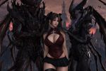 Rin Tohsaka (Fate Stay/Night) but she is an NPC/follower with her distinctive items set equipped, a mod by a Chinese modmaker, added in a heavily modded Skyrim, with a custom elf-like race in style of "Tera Online" made by Korean modding community. The body is CBBE, with slender/curvy form and "feminine lady body" version, H-cup, skin pores visible, skin overhaul+extra mascara mod by a Korean modmaker, eyes overhaul by a Chinese modmaker. The location is planes of Oblivion with distant daedric tower, at sides by her two daedric monsters standing with their hands placed on her shoulders (a subtle hint of Loverslab mods). iCEnhancer and ENB preset (Cinematic+Natural), on ultra settings, and ultraHD/8K textures overhaul (no Depth of Field; DoF turned off currently)