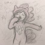 Diva from Overwatch in a Pinkie Pie costume yawns, the pencil drawing looks like it was done by a 5-year-old child, and it's all just scribbles