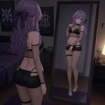 Hiiragi Shinoa from "Owari no Seraph". An SFW image: At a dim-lit bedroom, trying on YSBsYXRleCB0d28tcGllY2VzIHNldCwgd2l0aCBmaXNobmV0IGludGFrZSBhbmQgY3V0b3V0cywgYW5kIHNoZWVyIHBhcnQ= while posing in front of full body mirror. emphasize on anatomically correct portrayal.