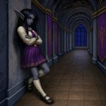an image in the exact technique and art direction (non-pixelated, high-definition smoothly-done pixelwork with a perfect smooth upscaler applied, NOT pixelized) of in-game graphics assets (like in its sprites and textures) from the 1994 game "Warcraft II: Tides of Darkness" (MS-DOS) by Blizzard, with vibrant SVGA (NOT 16-bit) colors. a dark elf schoolgirl in empty hall, leaning to a wall with a bored look