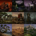 Make a grid of 3x3 (9 in total) images, all made in the exact technique of "Oddworld: Abe's Oddyssey" in-game graphics (sprites, icons, other assets) and its art direction, replicated very precisely (the disntictive style of Oddworld graphics as opposite to the generic images! Exaggerate the art direction and avoid anything default/generic-looking), so it looks like literally something from the game screenshots or from an icon from in-game UI, without any deviation from how it looks in the game. The images are featuring: a demonic griffin in volcanic landscape, a mermaid in a pond at a pine forest, an unicorn at a cursed pond, ruins of a temple in oak grove, an orkish camp in vasteland, a goblin tower in the middle of a swamp, a hydra at a sand coast with palm trees, a desert with dunes and distant pyramids, a marble palace surrounded by gardens with a gazebo and fountains.