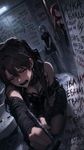 a vibrant lively artwork in style of Cytus by Rayark. close-up view, dutch angle, perspective foreshortening, it features Asuka Langley Souryuu who is a goth with black hair and black lipstick, she is sobbing, kneeling in an empty bathroom, and writing a lot of variuous swearings and curses in 'русский мат' on the walls around, using the most vulgar obscenities possible, while Rei Ayanami is looking at her from distance with indifference, and Makinami Mari Illustrous is peeking from the doorway with an amused expression