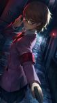 a vibrant lively artwork in style of Cytus and Sdorica by Rayark. close-up view, dutch angle, perspective foreshortening, it features Yukari Takeba from "Persona 3" who is standing at empty hallway, turning back, wearing glasses and adjusting her glasses, with a faint and knowing smile, while holds a pistol in her other hand and holds a cigarette in mouth; very vivid lighting and very harsh lighting with high contrast