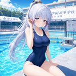 kamisato ayaka, one-piece_swimsuit, high school swimming pool