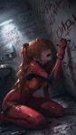 a vibrant lively artwork in style of Cytus by Rayark. close-up view, dutch angle, perspective foreshortening, it features Asuka Langley Souryuu who is sobbing, kneeling in an empty bathroom, and writing a lot of variuous swearings and curses in 'русский мат' on the walls around