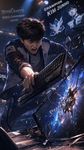 a vibrant lively artwork in style of Cytus and Sdorica by Rayark. close-up view, dutch angle, perspective foreshortening, it features a Korean cybersports champion who stood up angry and smashed the display with the keyboard in the middle of Starcraft II tournament