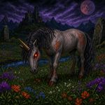 an image in the exact technique and art direction (non-pixelated, high-definition smoothly-done pixelwork, NOT pixelized) of in-game graphics assets (like in its sprites and textures) from the 1994 game "Heretic: Shadow of the Serpent Riders" (MS-DOS) by Ravern Software, with vibrant SVGA (NOT 16-bit) colors. a dark enchanted meadow with a hellish unicorn grazing while looking at viewer with flaming eye