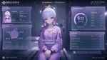 Kamisato Ayaka in a pastel purple prisoner's uniform, sci-fi, modern HUD interface in the style of the сhinese social credit