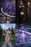 Hiiragi Shinoa from "Owari no Seraph", but she is the player character in "Final Fantasy XIII" (by Square Enix), with her distinctive items set equipped, added with a mod by a Korean modmaker (very high quality shaders and normal maps), iCEnhancer and ENB preset (Cinematic+Natural), on ultra settings, and ultraHD/8K textures overhaul (no Depth of Field; DoF turned off currently), with a HD overhaul for sky

Four screenshots (8K UltraHD resolution, resized down to 4K):
An action camera showing her fighting, wielding a scythe and active magic buff (aura), with a Korean mod for alternative combat animations
A staged screenchot, she is posing with a sexy pose, inside a library
A lake at a forest; instead of her attire, she is wearing a high-cut two-tone one-piece "speedo" swimsuit (added with a separate mod) and holds a Crystal Staff
The moment is when she casts a spell for a powerful high-end buff (with a separate mod for alternative magic system)