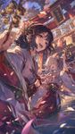 a vibrant lively artwork in style of Cytus and Sdorica by Rayark. close-up view, dutch angle, perspective foreshortening, it features two female characters in 2d anime style, wearing miko clothes, dancing at Shinto shrine casually and laughing happily
