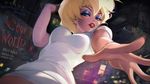 a vibrant lively artwork in style of Cytus by Rayark. close-up view, dutch angle, perspective foreshortening, it features Holly Would (from "Cool World" cartoon) posing