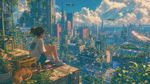 A girl sits on the roof of a skyscraper, solarpunk, retro 90s anime style, cinematic wide shot, volumetric god rays through clouds, cozy warm slice-of-life feeling, chromatic aberration subtle, glowing particles sparkles, highly detailed masterpiece, best quality, masterpiece, absurdres