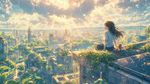 A girl sits on the roof of a skyscraper, solarpunk, Kyoto Animation fluid style, cinematic wide shot, volumetric god rays through clouds, cozy warm slice-of-life feeling, ((chromatic aberration subtle)), glowing particles sparkles, highly detailed masterpiece, best quality, masterpiece, absurdres