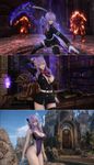 Hiiragi Shinoa from "Owari no Seraph", but she is an NPC/follower with her distinctive items set equipped, a mod by a Korean modmaker (very high quality shaders and normal maps), added in a heavily modded Skyrim, with a custom elf-like race in style of "Final Fantasy XIV" made by Chinese modding community. The body is CBBE, with slender/curvy form and "feminine lady body" version, H-cup, oiled skin, skin pores visible, skin overhaul+extra mascara mod by a Korean modmaker, eyes overhaul by a Chinese modmaker. iCEnhancer and ENB preset (Cinematic+Natural), on ultra settings, and ultraHD/8K textures overhaul (no Depth of Field; DoF turned off currently), with a HD overhaul for sky

Three screenshots (8K UltraHD resolution, resized down to 4K):
An action camera showing her fighting two fire atronachs, inside a daedric tower in Oblivion, wielding a scythe and active magic buff (aura), with a Korean mod for combat
A staged screenchot, she is posing with a sexy pose, inside a Mystic Arcane library, at Imperial City (added with a mod)
The location is coastal at Elsweyr, in front of a custom player's home entrance (a mystic grand wizard's tower added with a mod for player's house); instead of her attire, she is wearing a high-cut two-tone one-piece "speedo" swimsuit (added by a separate mod)