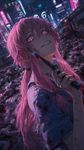 a vibrant lively artwork in style of Cytus by Rayark. close-up view, dutch angle, perspective foreshortening, it features Gasai Yuno (from "Mirai Nikki") at downtown, holding a switchblade leaned to her jawline, with a sneer, with dozens of bodies laying around her