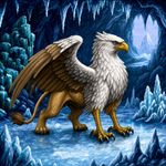 an image in the exact technique and art direction (non-pixelated, high-definition smoothly-done pixelwork, NOT pixelized) of in-game graphics assets (like in its sprites) from the 1996 game "Heroes of Might and Magic II" (MS-DOS) by NWC, with vibrant SVGA (NOT 16-bit) colors. a griffin in ice cavern
