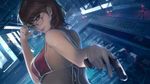 a vibrant lively artwork in style of Cytus by Rayark. close-up view, dutch angle, perspective foreshortening, it features Yukari Takeba from "Persona 3" who is standing at indoors pool, turning back, wearing a swimsuit, wearing glasses and adjusting her glasses, with a faint and knowing smile, while holds a pistol in her other hand and holds a cigarette in mouth