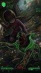 a vibrant lively artwork in style of Cytus by Rayark. close-up view, dutch angle, perspective foreshortening, it features Madotsuki from "Yume Nikki" in the world of Fallout 3, at a mall, wielding a knife and putting down a rabid dog in the V.A.T.S. mode