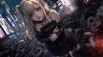 a vibrant lively artwork in style of Cytus by Rayark. close-up view, dutch angle, perspective foreshortening, it features Amane Misa cluthing Death Note at her chest, standing over dozens of bodies in the middle of downtown, confused and pouting