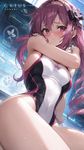 a vibrant lively artwork in style of Cytus by Rayark. close-up view, dutch angle, perspective foreshortening, it features Yukari Yuzuki wearing one-piece swimsuit, she is confused, embarrased, pouting, looking away, blushing, but also posing for the viewer at the same time. (The anatomy shapes are exaggerated as in manga)