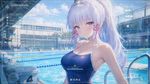 kamisato ayaka, one-piece_swimsuit, high school swimming pool, chromatic aberration subtle, modern HUD interface