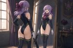 Make an artwork of Hiiragi Shinoa (from "Owari no Seraph") based on the references from the [Image]: the pose (as with PVC figure; but she is standing in front of full body mirror); the expression (as with the closeup shot); the alternative thigh-highs; the alternative attire design (leotard).

