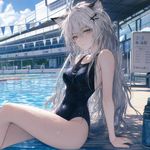 Lappland Arknights, one-piece_swimsuit, high school swimming pool, chromatic aberration subtle