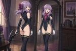 Make an artwork of Hiiragi Shinoa (from "Owari no Seraph") based on the references from the [Image]: the pose (as with PVC figure; but she is standing in front of full body mirror); the expression (as with the closeup shot); the alternative thigh-highs; the alternative attire design (leotard).

