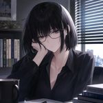 an image in the exact technique (art direction) of an illustration from a light novel (ranobe) or a cover of a light novel, or a fullscreen 2DCG from a VN (visual novel) eroge game. a woman with fair skin and deeply-black bob cut hairstyle, wearing glasses, she has a bored expression.