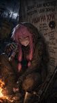 a vibrant lively artwork in style of Cytus by Rayark. close-up view, dutch angle, perspective foreshortening, it features Gasai Yuno (from "Mirai Nikki") in setting of "S.T.A.L.K.E.R.: Shadow of Chernobyl", who is a Bandit (member of "Bandits" in-game faction), at the "Dark Valley" location, squatting next to a campfire with an energy drink, sneering, next to a wall with various cynical phrases in 'русский мат' that refers to the criminal culture within the Zone