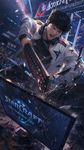 a vibrant lively artwork in style of Cytus and Sdorica by Rayark. close-up view, dutch angle, perspective foreshortening, it features a Korean cybersports champion who stood up angry and smashed the display with the keyboard in the middle of Starcraft II tournament