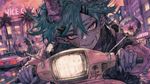 Artstyle: watercolor with thin brushstrokes, artstyle similar to 'Gachiakuta' colored manga panel, full-image wallpaper
Character: monster girl driving on an 80s scooter, face close-up, Vice City vibes