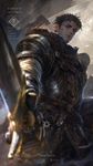 a vibrant lively artwork in style of Cytus and Sdorica by Rayark. close-up view, dutch angle, perspective foreshortening, it features Oswald of Carim from "Dark Souls"