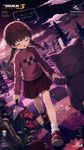 a vibrant lively artwork in style of "DJ Max Portable 3" for PSP. close-up view, dutch angle, perspective foreshortening, it features Madotsuki from "Yume Nikki", with her eyes closed, with a sleepy and serene look, walking through realm of a dream with distant pines and clouds, together iwth a large plush cat, holding him by paw an talking to him, while holding a knife in her other hand lowered