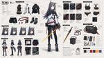 Texas (Cellinia Texas) Arknights. Generate a Full Character Concept Sheet based on the image. The final artwork should include: A full-body illustration of the character in the center. Surrounding breakdowns of: outfit layers, facial expressions, undergarments, material/texture close-ups, core props, lifestyle items and accessories. Layout: Center: main full-body character. Around the character: neatly arranged breakdown elements. Use hand-drawn arrows or lines to connect items to relevant parts. Breakdown Components: Clothing Layers: show garments as separate pieces; include inner layers. Expression Sheet: 3-4 headshots showing different emotions. Material Zoom: close-ups of fabric, leather, skin, or accessories. Personal Items: bag + contents, makeup items, daily-use objects that reflect lifestyle.