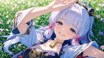 Kamisato Ayaka from Genshin Impact, lying in the grass, smiling, orthodontic braces on her teeth, Kyoto Animation fluid style, harsh midday high-contrast, highly detailed masterpiece, best quality, masterpiece, absurdres