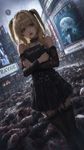a vibrant lively artwork in style of Cytus by Rayark. close-up view, dutch angle, perspective foreshortening, it features Amane Misa cluthing Death Note at her chest, standing over dozens of bodies in the middle of downtown, confused and pouting