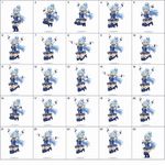 a 5x5 (25 in total) grid of animation frames (for seamless loop): Aqua (Konosuba) is jumping happily and cheerfully