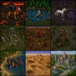 Make a grid of 3x3 (9 in total) images, all made in the technique of "Warcraft: II Tides of Darkness) in-game graphics (sprites, icons, other assets) replicated very precisely (the disntictive style of Warcraft II as opposite to the generic pixel art! exaggerate the art direction and avoid anything default/generic-looking). The images are featuring: a demonic griffin in volcanic landscape, a mermaid in a pond at a pine forest, an unicorn at a cursed pond, ruins of a temple in oak grove, an orkish camp in vasteland, a goblin tower in the middle of a swamp, a hydra at a sand coast with palm trees, a desert with dunes and distant pyramids, a marble palace surrounded by gardens with a gazebo and fountains.