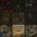 Make a grid of 3x3 (9 in total) images, all made in the exact technique of "Diablo II: Lord of Destruction" (1995, by Blizzard North) in-game graphics (sprites, icons, other assets) replicated very precisely (the disntictive style of Diablo II graphics as opposite to the generic images! exaggerate the art direction and avoid anything default/generic-looking), so it looks like literally something from the game screenshots or from an icon from in-game UI, without any deviation from how it looks in the game. The images are featuring: a demonic griffin in volcanic landscape, a mermaid in a pond at a pine forest, an unicorn at a cursed pond, ruins of a temple in oak grove, an orkish camp in vasteland, a goblin tower in the middle of a swamp, a hydra at a sand coast with palm trees, a desert with dunes and distant pyramids, a marble palace surrounded by gardens with a gazebo and fountains.