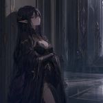 an artwork with technique of artstation-like digital concept art painting, but 2D anime-like (manga-like) anatomy and faces stylization. a female dark elf sorcerer in empty hall, leaning to a wall with a bored look