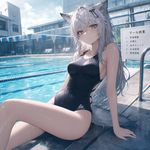 Lappland Arknights, one-piece_swimsuit, high school swimming pool, chromatic aberration subtle