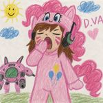 The Overwatch diva in a Pinky Pie costume is yawning, and the painting looks like it was drawn by a 5-year-old child.