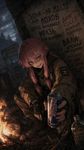 a vibrant lively artwork in style of Cytus by Rayark. close-up view, dutch angle, perspective foreshortening, it features Gasai Yuno (from "Mirai Nikki") in setting of "S.T.A.L.K.E.R.: Shadow of Chernobyl", who is a Bandit (member of "Bandits" in-game faction), at the "Dark Valley" location, squatting next to a campfire with an energy drink, sneering, next to a wall with various cynical phrases in 'русский мат' that refers to the criminal culture within the Zone