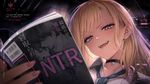 a vibrant lively artwork in style of Cytus by Rayark. close-up view, dutch angle, perspective foreshortening, it features Marin Kitagawa who has found an NTR manga book and looks it with amused expression and sneer