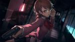a vibrant lively artwork in style of Cytus by Rayark. close-up view, dutch angle, perspective foreshortening, it features Yukari Takeba from "Persona 3" who is standing at empty hallway, turning back, wearing glasses and adjusting her glasses, with a faint and knowing smile, while holds a pistol in her other hand and holds a cigarette in mouth